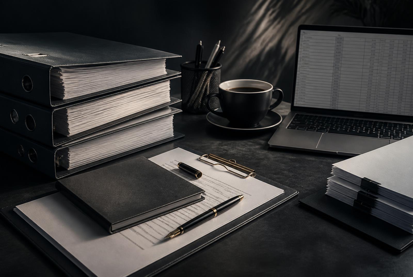 Contract binders, compliance documentation, and a tracking spreadsheet on a desk