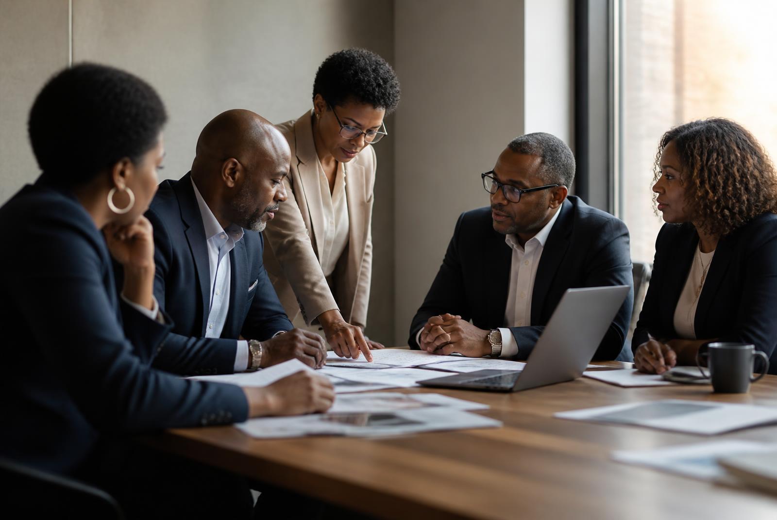 Leadership team collaborating around a conference table