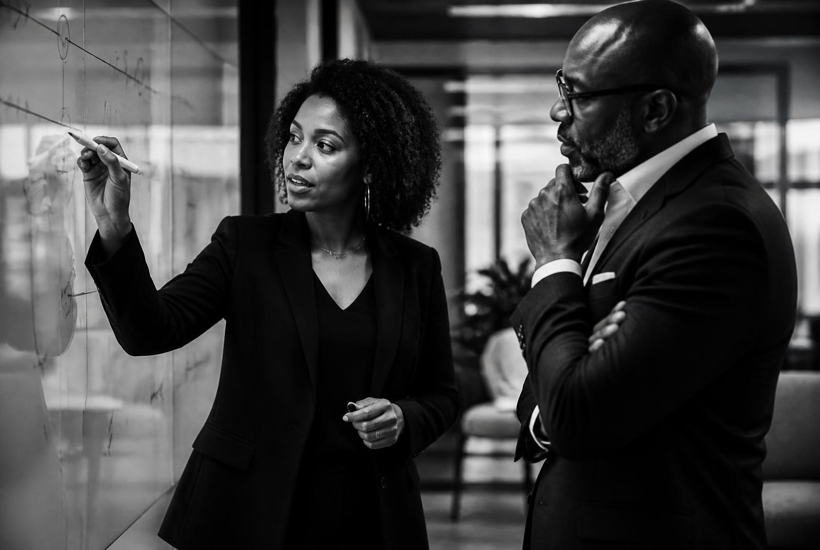 Two executives mapping an operational roadmap on a glass board